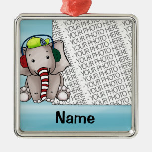 Ornament, Photo & Name Template Elephant Candycane Metal Tree Decoration