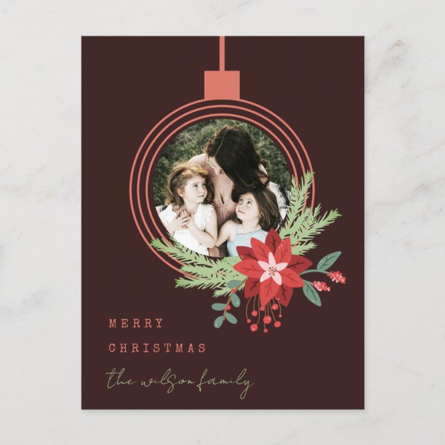 Ornament Photo Poinsettia Brown Merry Christmas Holiday Postcard (Front)