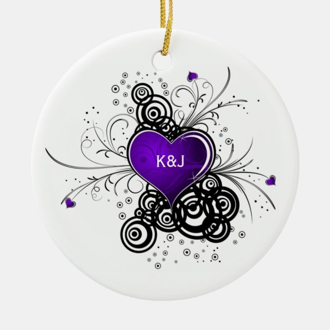 Ornament Purple Heart Black Swirls Wedding Keepsak (Front)