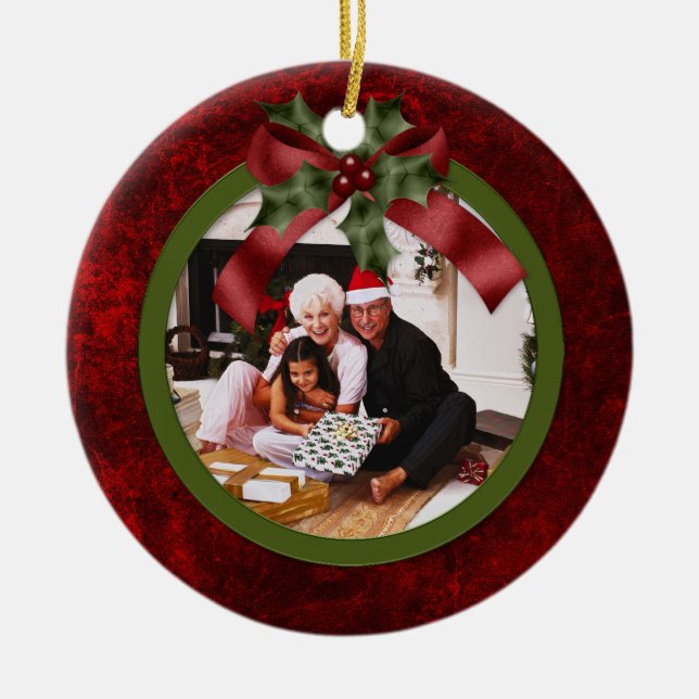 Ornament Red and Green Holly Bow Christmas Photo (Front)