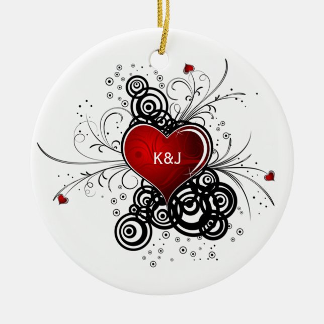 Ornament Red Heart Black Swirls Wedding Keepsak (Front)