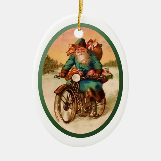 ornament-Santa on Motorcycle Ceramic Tree Decoration (Front)