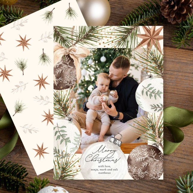 Ornament Surround Pattern Back Photo Holiday Card (Your favorite photo surrounded by ornaments and firs.)