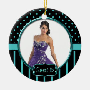 Ornament Teal Black Stripes Dots Sweet 16