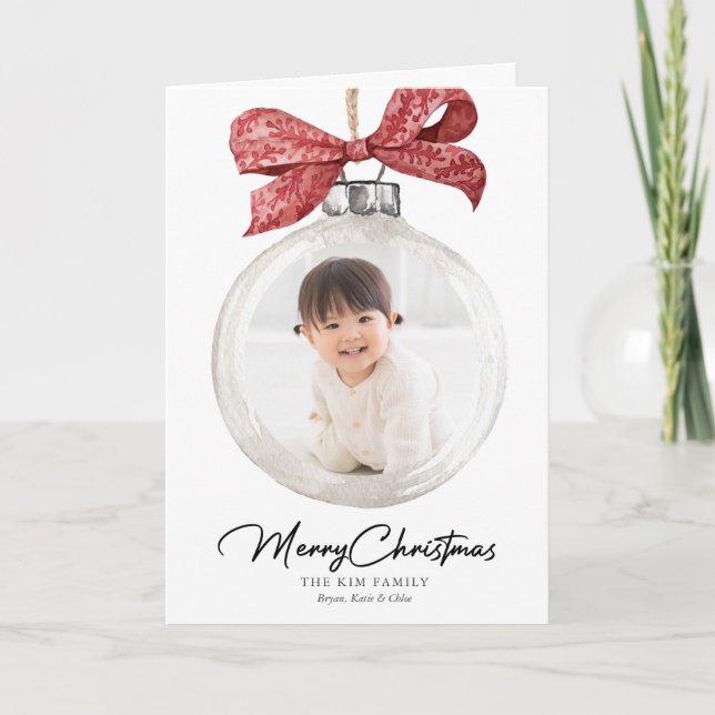 Ornament with Bow Photo Christmas Holiday Card (Front)