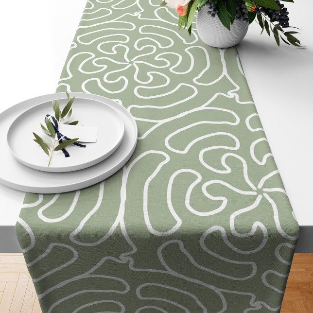 Ornamental abstract sage green boho short table runner (Creator Uploaded)