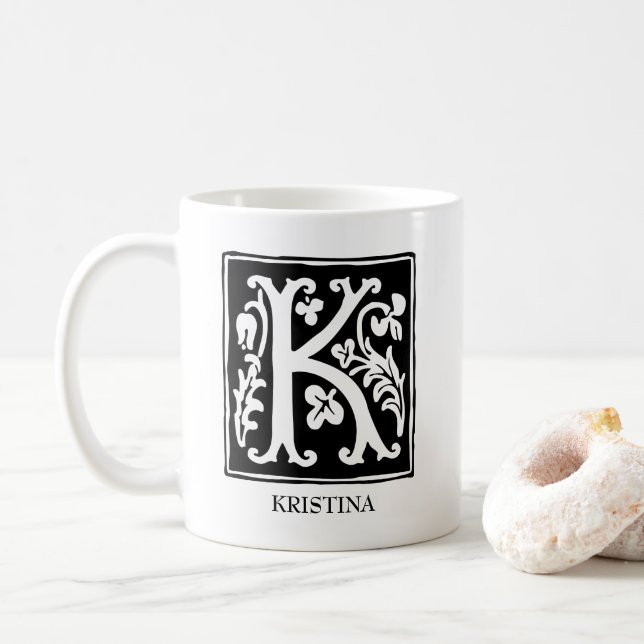 Ornamental Alphabet Letter K Personalised Coffee Mug (With Donut)