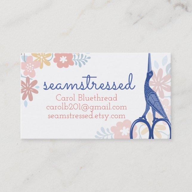 Ornamental bird stork scissors sewing embroidery business card (Front)