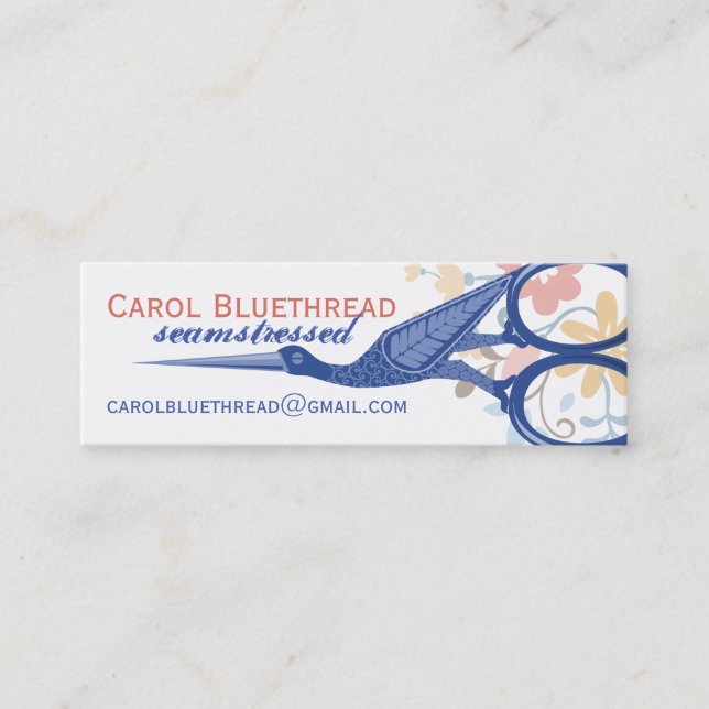 Ornamental bird stork scissors sewing seamstress mini business card (Front)