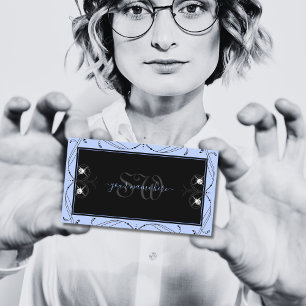 Ornamental Black Blue Sparkling Diamonds Monogram Business Card