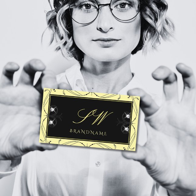 Ornamental Black Cream Sparkling Diamonds Monogram Business Card (Creator Uploaded)