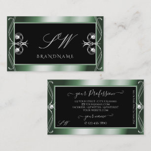 Ornamental Black Green Sparkle Diamonds Initials Business Card