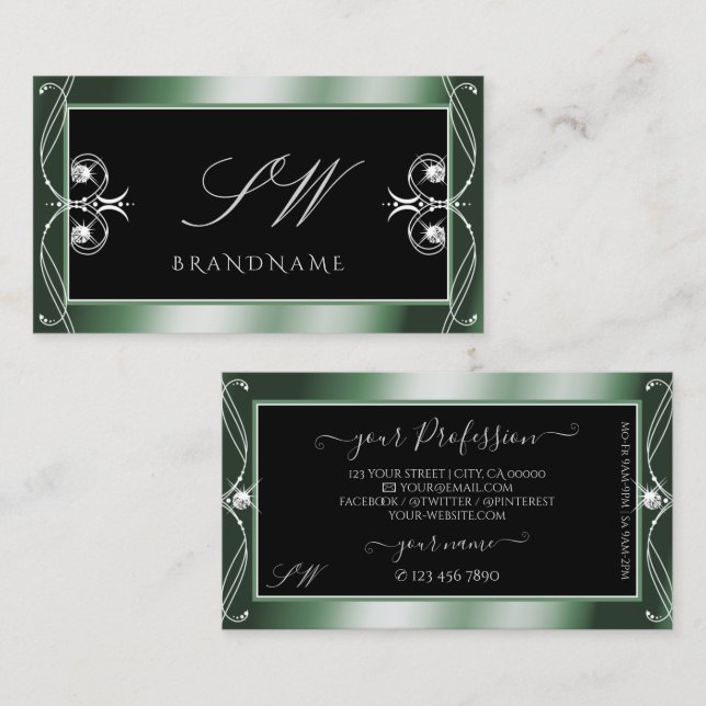 Ornamental Black Green Sparkle Diamonds Initials Business Card (Front/Back)