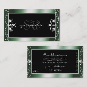 Ornamental Black Green Sparkle Diamonds Monogram Business Card