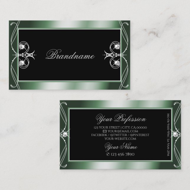 Ornamental Black Green Sparkle Diamonds Squiggled Business Card (Front/Back)