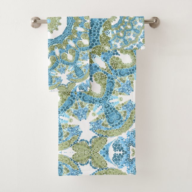 ornamental blue green white decor decoration bath towel set (Insitu)