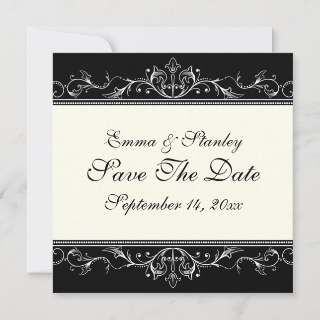 Ornamental border black white Save the Date (Front)