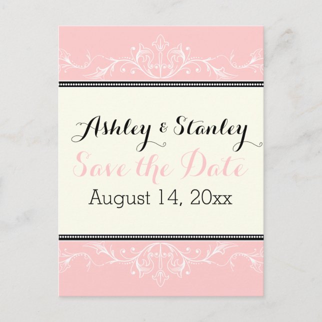 Ornamental border pink and ivory Save the Date Announcement Postcard (Front)