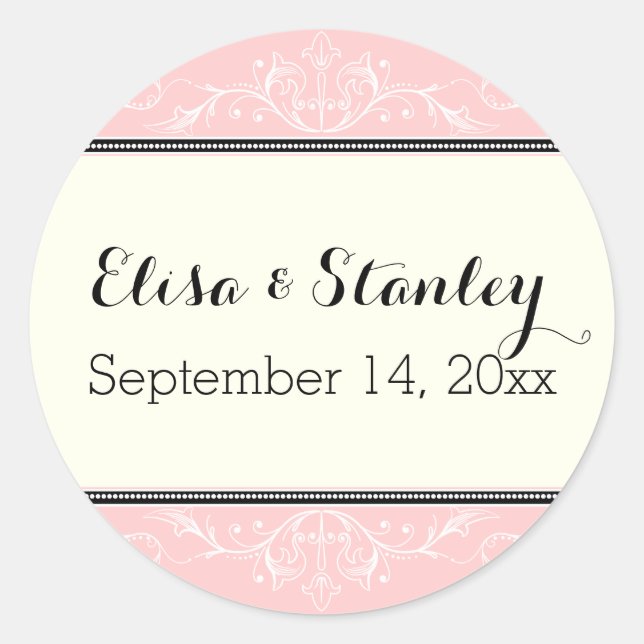Ornamental border pink ivory wedding Save the Date Classic Round Sticker (Front)