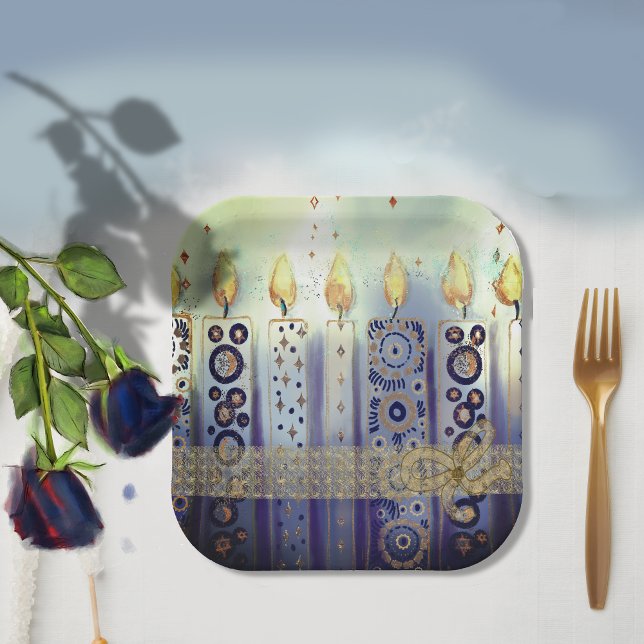  Ornamental Candles Lace & Bow Hanukkah  Paper Plate (Ornamental Candles Lace & Bow Hanukkah Paper Plates)