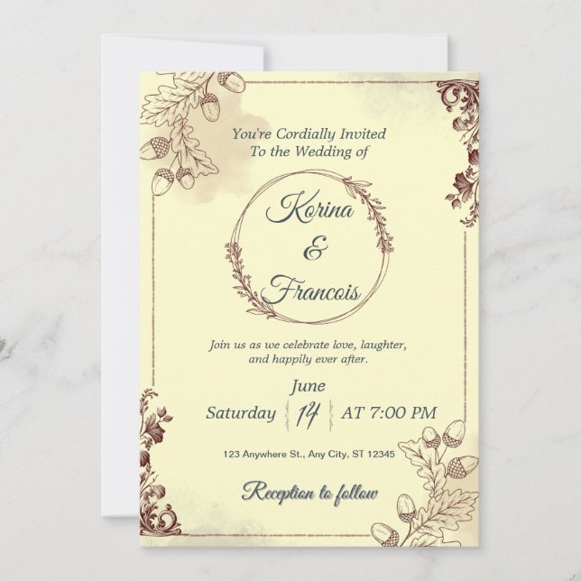 Ornamental Cream & Burgundy Fall Wedding Invite (Front)
