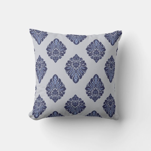 Ornamental Damask Grey Blue Floral Cushion (Front)