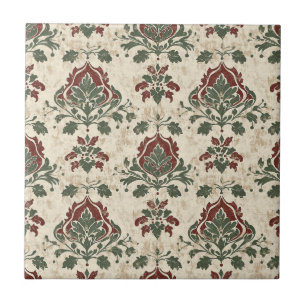 Ornamental Damask Red Green Vintage Texture Tile