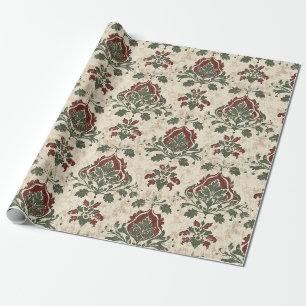 Ornamental Damask Red Green Vintage Texture Wrapping Paper