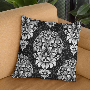Ornamental Damask White black Floral Cushion
