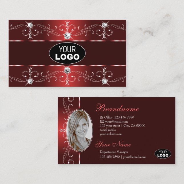 Ornamental Dark Wine Red Ornate Borders Logo Photo Business Card (Front/Back)