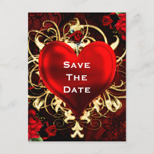 Ornamental Elegant Floral Heart Black Red & Gold Announcement Postcard