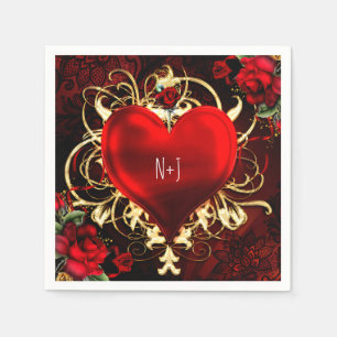 Ornamental Elegant Floral Heart Black Red Gold Napkin