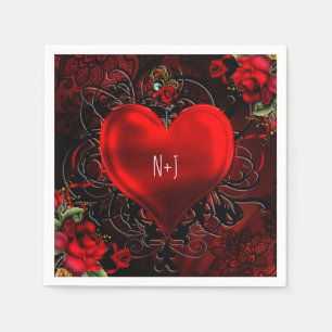 Ornamental Elegant Floral Heart Black & Red Party Napkin