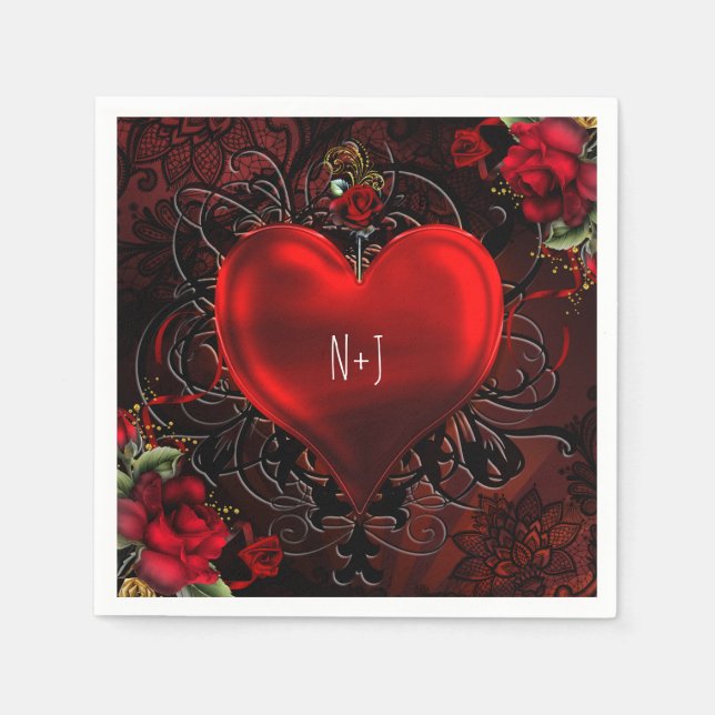 Ornamental Elegant Floral Heart Black & Red Party Napkin (Front)