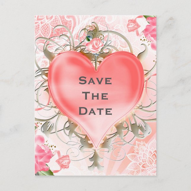 Ornamental Elegant Floral Heart Peach Party Announcement Postcard (Front)