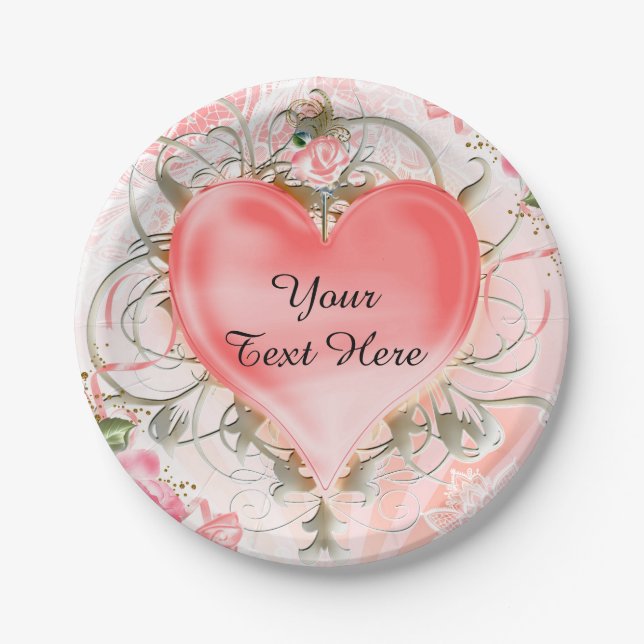 Ornamental Elegant Floral Heart Peach Party Paper Plate (Front)