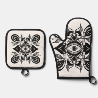 Ornamental Eye - Weirdcore Botanical Tattoo Style Oven Mitt & Pot Holder Set