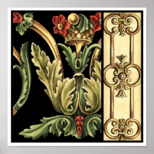 Ornamental Floral Design with Black Borders Poster