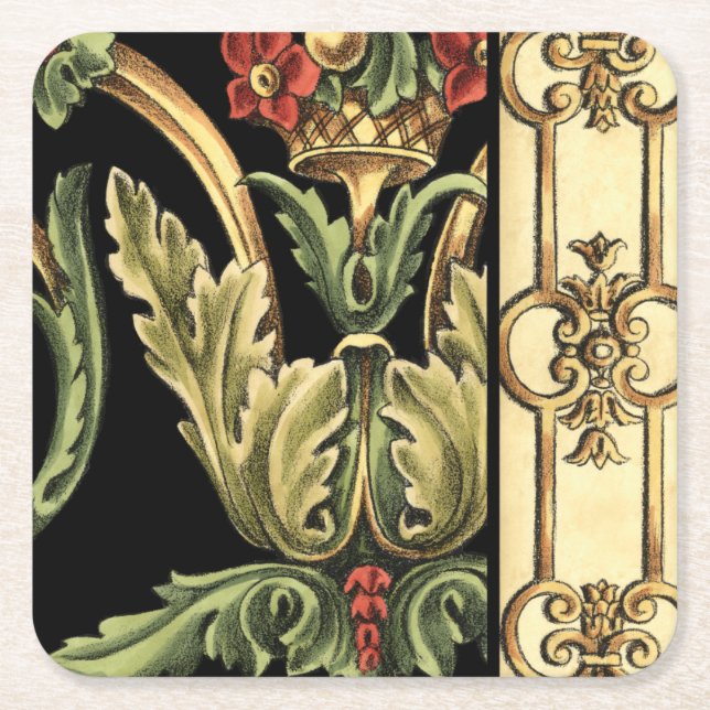 Ornamental Floral Design with Black Borders Square Paper Coaster (Front)