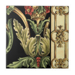 Ornamental Floral Design with Black Borders Tile<br><div class="desc">An ornamental painting with an attractive floral design enclosed by black borders. The green and red colours leap off the print thanks to the black background. How wonderful would this look on your wall? Purchase it and find out!</div>