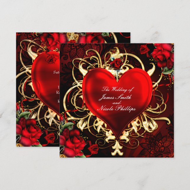 Ornamental Floral Heart Black Red Gold Invitations (Front/Back)