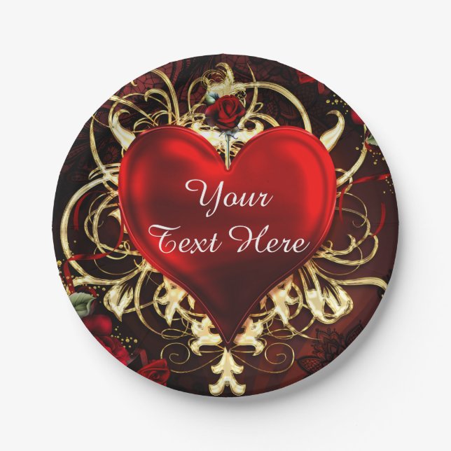 Ornamental Floral Heart Black Red Gold Party Paper Plate (Front)
