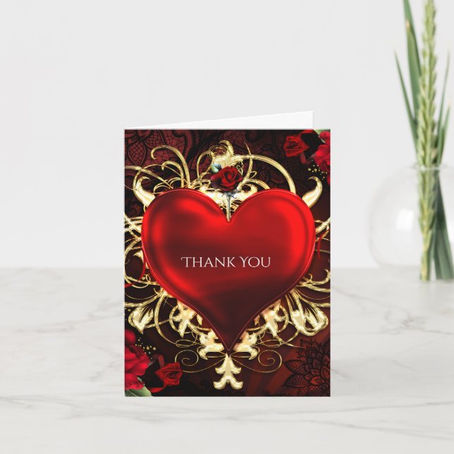 Ornamental Floral Heart Black Red & Gold Thank You Card (Front)