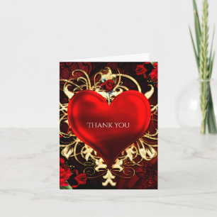 Ornamental Floral Heart Black Red & Gold Thank You Card