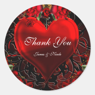 Ornamental Floral Heart Black & Red Gothic Romance Classic Round Sticker