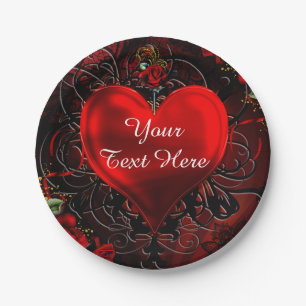 Ornamental Floral Heart Black & Red Party Paper Plate
