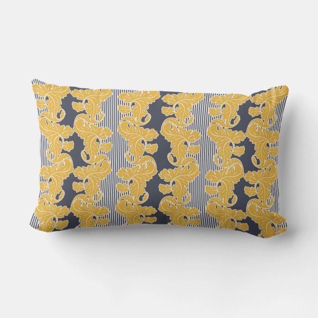 Ornamental, floral, leaves, yellow, white, blue lumbar cushion (Back)