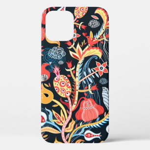 ornamental floral pattern with birds on a dark bac iPhone 12 case