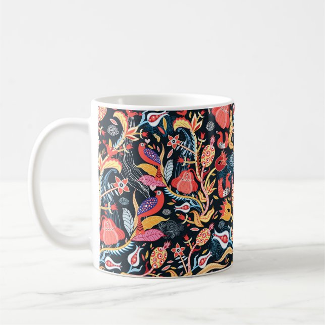 ornamental floral pattern with birds on a dark bac coffee mug (Left)
