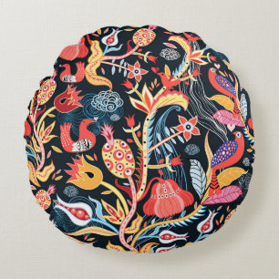 ornamental floral pattern with birds on a dark bac round cushion
